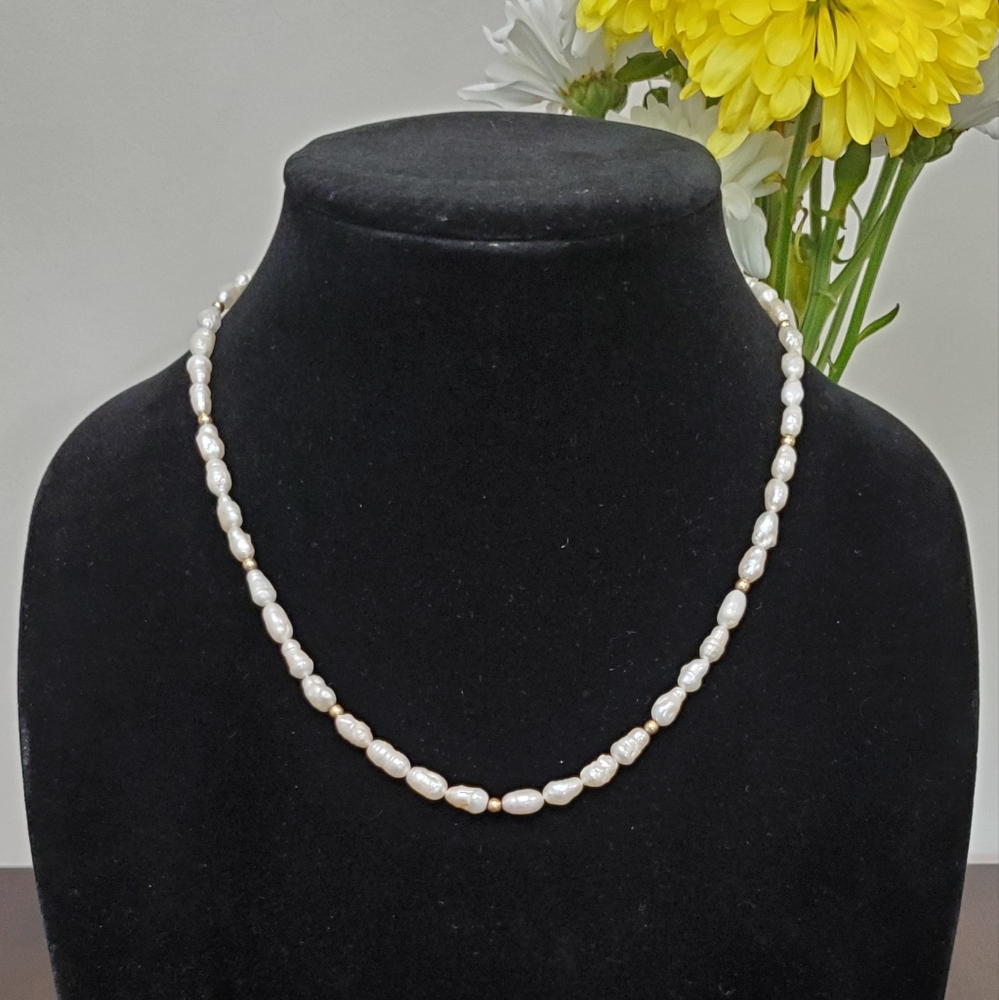 Single Strand Freshwater Pearls with Gold Beads and 14K Yellow Gold Clasp - 18"